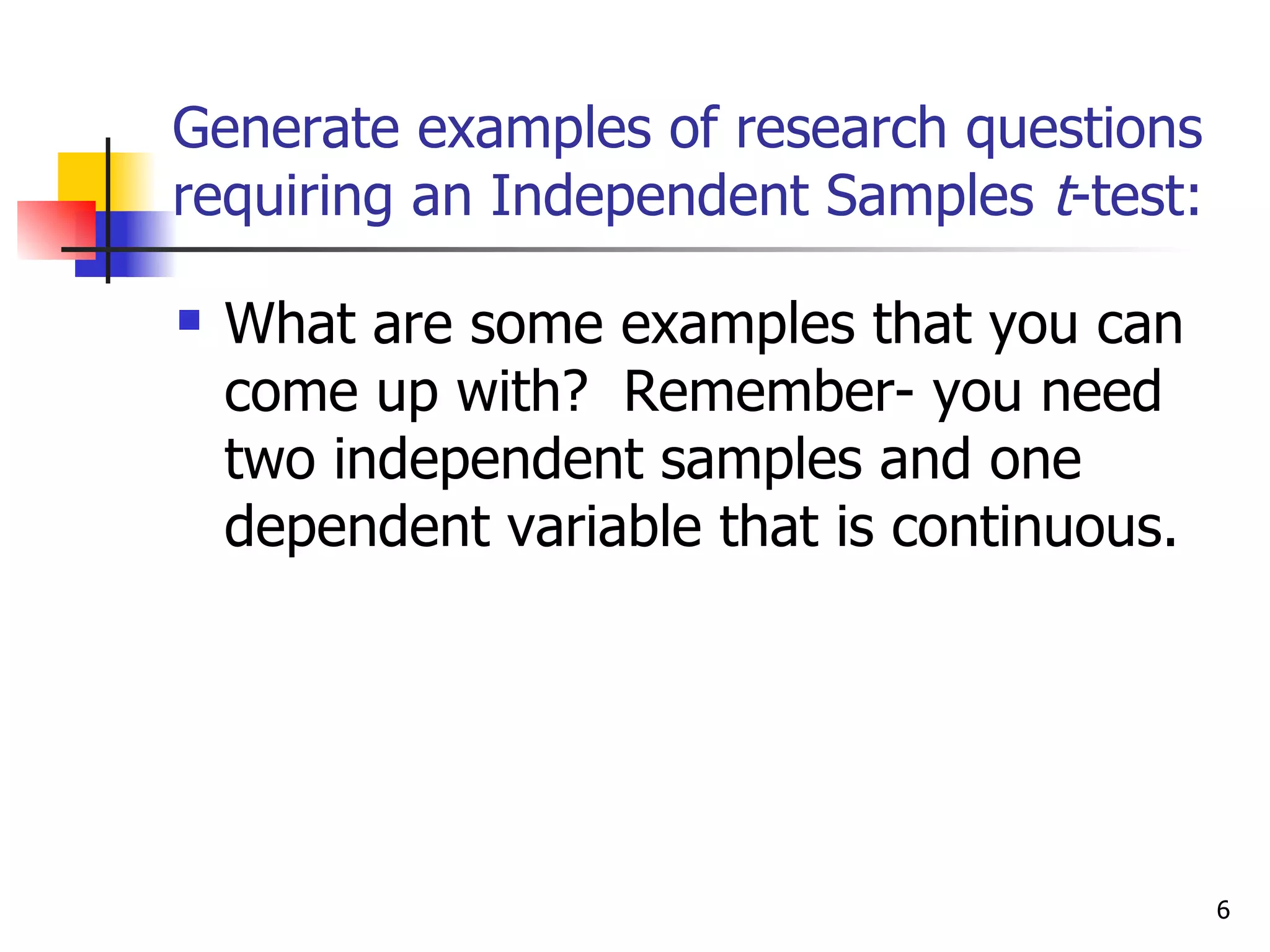 Generate examples of research questions
requiring an Independent Samples t-test:

   What are some examples that you can
    come up with? Remember- you need
    two independent samples and one
    dependent variable that is continuous.




                                             6
 
