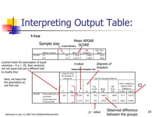 Interpreting Output Table:
                                                          Mean APGAR
                                    Sample size             SCORE



Levene’s tests the assumption of equal
variances – if p < .05, then variances
                                                          t-value        Degrees of
are not equal and use a different test                                   freedom
to modify this:

  Here, we have met
  the assumption so
  use first row.                                                                                      CI




                                                                    p - value
                                                                                Observed difference        19
   Retrieved on July 12, 2007 from SPSSShortManual.html                         between the groups
 