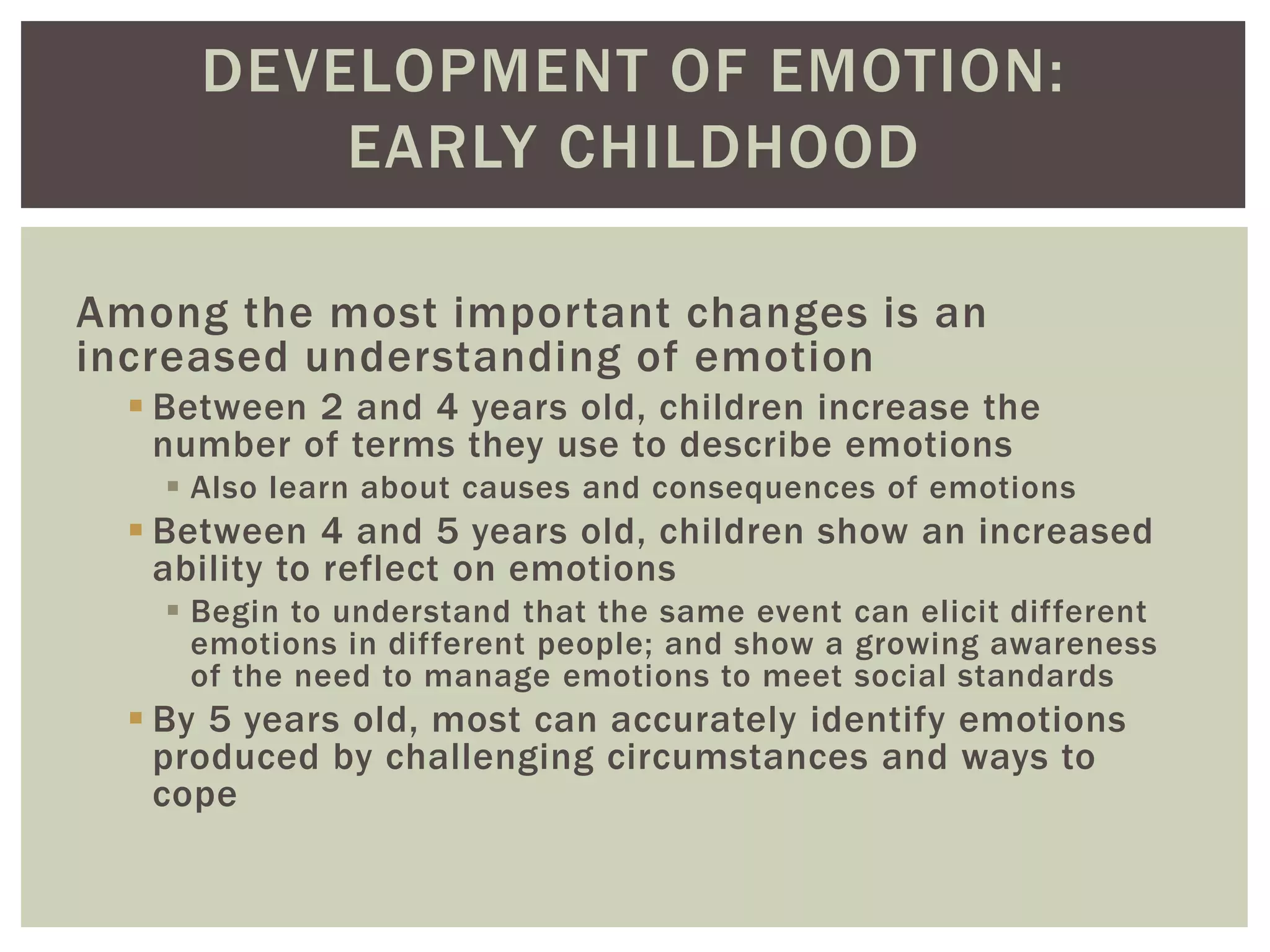 DEVELOPMENT OF EMOTION:
EARLY CHILDHOOD
Among the most important changes is an
increased understanding of emotion
 Between 2 and 4 years old, children increase the
number of terms they use to describe emotions
 Also learn about causes and consequences of emotions
 Between 4 and 5 years old, children show an increased
ability to reflect on emotions
 Begin to understand that the same event can elicit different
emotions in different people; and show a growing awareness
of the need to manage emotions to meet social standards
 By 5 years old, most can accurately identify emotions
produced by challenging circumstances and ways to
cope
 