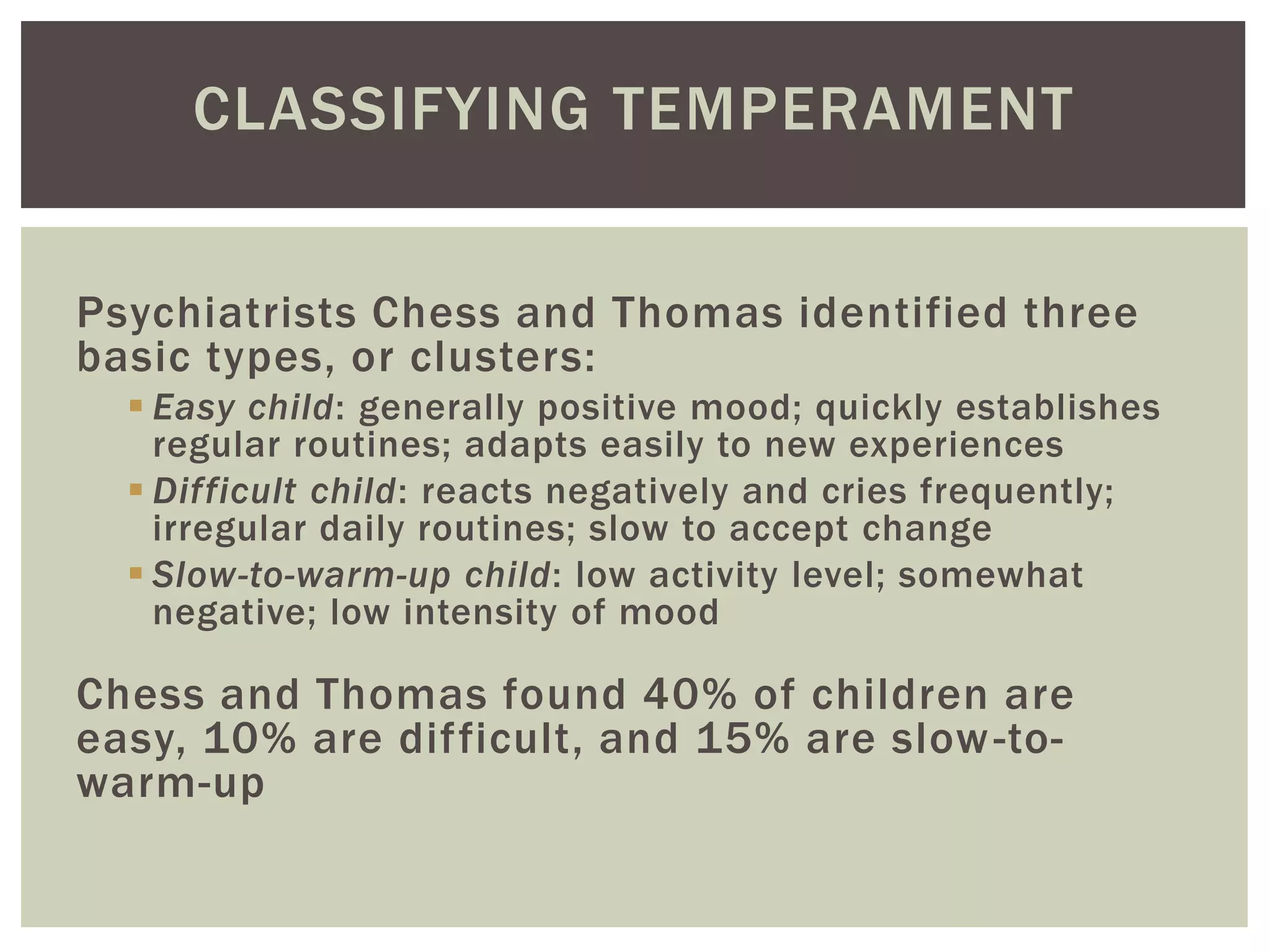 CLASSIFYING TEMPERAMENT
Psychiatrists Chess and Thomas identified three
basic types, or clusters:
 Easy child: generally positive mood; quickly establishes
regular routines; adapts easily to new experiences
 Difficult child: reacts negatively and cries frequently;
irregular daily routines; slow to accept change
 Slow-to-warm-up child: low activity level; somewhat
negative; low intensity of mood
Chess and Thomas found 40% of children are
easy, 10% are difficult, and 15% are slow-to-
warm-up
 