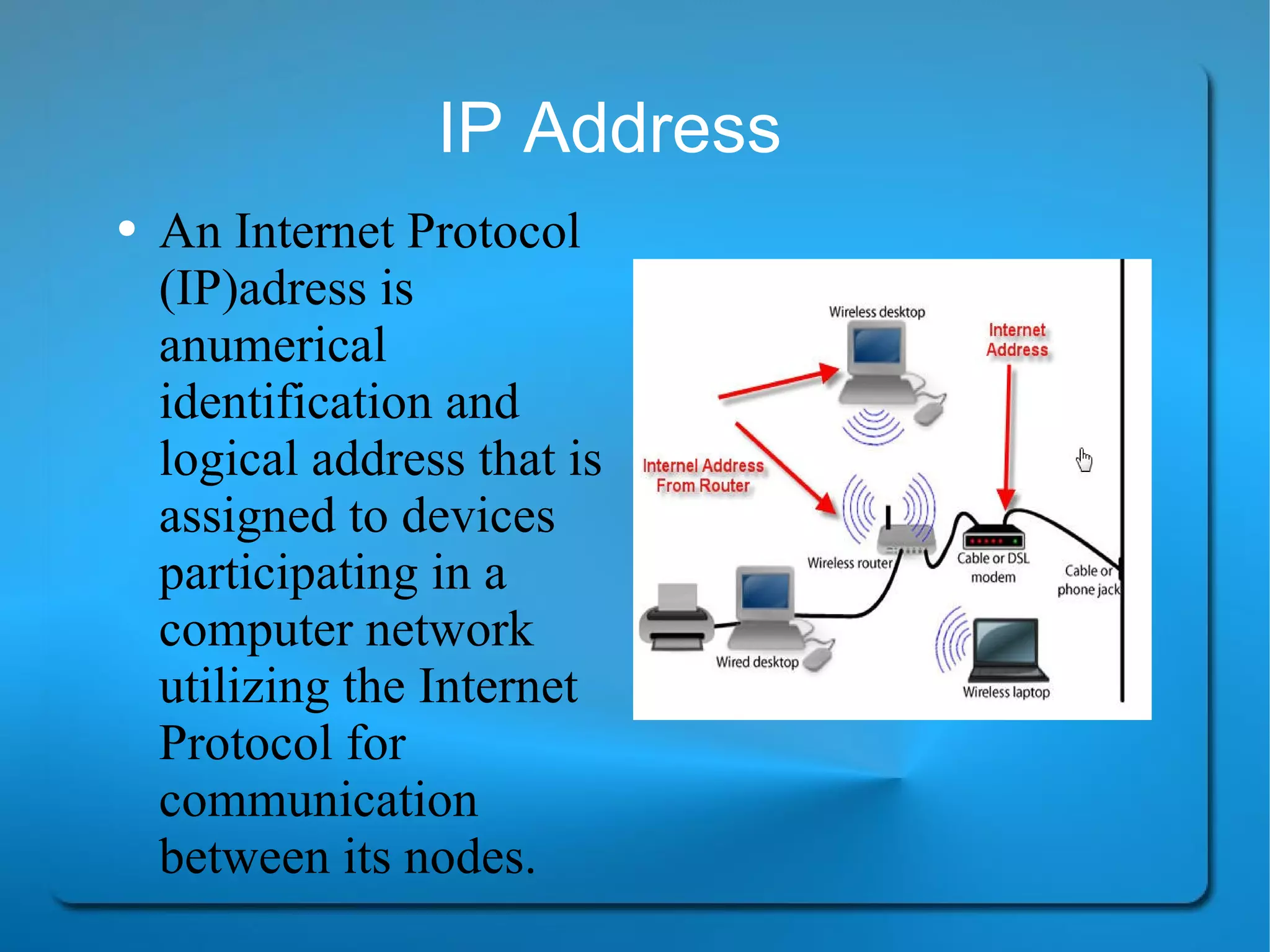 IP Address
●   An Internet Protocol
    (IP)adress is
    anumerical
    identification and
    logical address that is
    assigned to devices
    participating in a
    computer network
    utilizing the Internet
    Protocol for
    communication
    between its nodes.
 