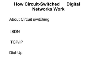 How Circuit-Switched  Digital  Networks Work   About Circuit switching ISDN TCP/IP   Dial-Up 