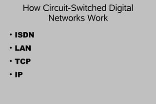 How Circuit-Switched Digital
          Networks Work
●
    ISDN
●
    LAN
●
    TCP
●
    IP
 