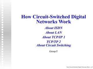 How Circuit-Switched Digital
     Networks Work
           About ISDN
           About LAN
         About TCP/IP 1
            TCP/TP 2
      About Circuit Switching
              Group F




                          How Circuit-Switched Digital Networks Work – p.1/7
 