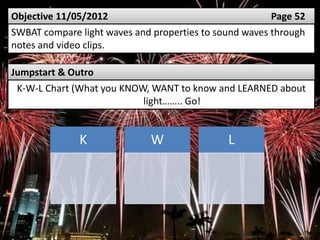 Jumpstart & Outro
Objective 11/05/2012 Page 52
SWBAT compare light waves and properties to sound waves through
notes and video clips.
K W L
K-W-L Chart (What you KNOW, WANT to know and LEARNED about
light…….. Go!
 