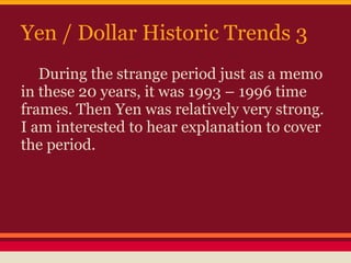 Yen / Dollar Historic Trends 3
During the strange period just as a memo
in these 20 years, it was 1993 – 1996 time
frames. Then Yen was relatively very strong.
I am interested to hear explanation to cover
the period.
 