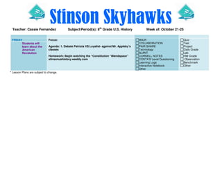 Stinson Skyhawks
Teacher: Cassie Fernandez
FRIDAY
Students will
learn about the
American
Revolution

Subject/Period(s): 8th Grade U.S. History

Focus:
Agenda: 1. Debate Patriots VS Loyalist- against Mr. Appleby’s
classes
Homework: Begin watching the “Constitution “Blendspace”
stinsonushistory.weebly.com

* Lesson Plans are subject to change.

Week of: October 21-25
WICR
COLLABORATION
PAIR SHARE
Technology
SLANT
CORNELL NOTES
COSTA’S Level Questioning
Learning Logs
Interactive Notebook
Other

Quiz
Test
Project
Daily Grade
Lab
HW Grade
Observation
Benchmark
Other

 
