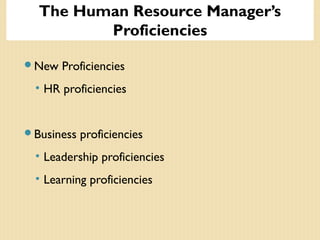 The Human Resource Manager’s
Proficiencies
New Proficiencies
• HR proficiencies
Business proficiencies
• Leadership proficiencies
• Learning proficiencies
 