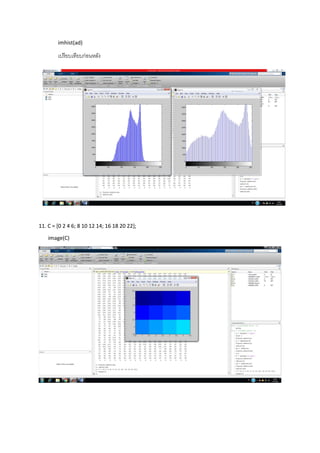 imhist(ad)
เปรียบเทียบก่อนหลัง
11. C = [0 2 4 6; 8 10 12 14; 16 18 20 22];
image(C)
 