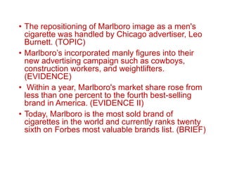 • The repositioning of Marlboro image as a men's
cigarette was handled by Chicago advertiser, Leo
Burnett. (TOPIC)
• Marlboro’s incorporated manly figures into their
new advertising campaign such as cowboys,
construction workers, and weightlifters.
(EVIDENCE)
• Within a year, Marlboro's market share rose from
less than one percent to the fourth best-selling
brand in America. (EVIDENCE II)
• Today, Marlboro is the most sold brand of
cigarettes in the world and currently ranks twenty
sixth on Forbes most valuable brands list. (BRIEF)
 