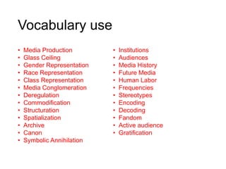 Vocabulary use
• Media Production
• Glass Ceiling
• Gender Representation
• Race Representation
• Class Representation
• Media Conglomeration
• Deregulation
• Commodification
• Structuration
• Spatialization
• Archive
• Canon
• Symbolic Annihilation
• Institutions
• Audiences
• Media History
• Future Media
• Human Labor
• Frequencies
• Stereotypes
• Encoding
• Decoding
• Fandom
• Active audience
• Gratification
 