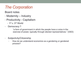Racialized Spaces / Gendered Spaces (Lutz & Collins)First world“Real” peopleMachine usageWhiteActiveThird WorldSpace of “fantasy”Ritual practicesPassiveColorism by activity (dark skin=more labor, poor, infantile)Women represent “women of the world”Women signify “Universal Human powers”