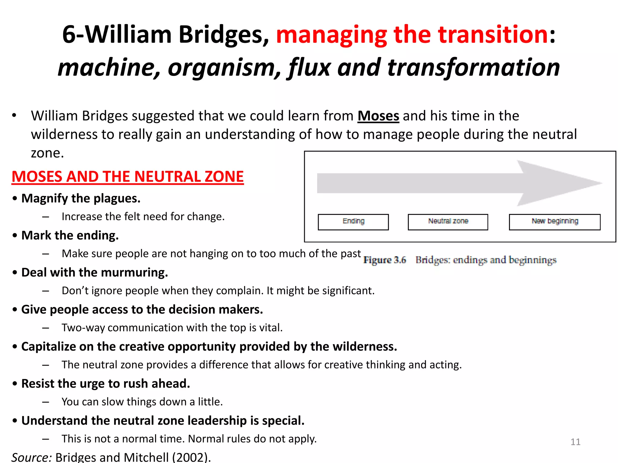 6-William Bridges, managing the transition:
machine, organism, flux and transformation
• William Bridges suggested that we could learn from Moses and his time in the
wilderness to really gain an understanding of how to manage people during the neutral
zone.

MOSES AND THE NEUTRAL ZONE
• Magnify the plagues.
–

Increase the felt need for change.

• Mark the ending.
–

Make sure people are not hanging on to too much of the past

• Deal with the murmuring.
–

Don’t ignore people when they complain. It might be significant.

• Give people access to the decision makers.
–

Two-way communication with the top is vital.

• Capitalize on the creative opportunity provided by the wilderness.
–

The neutral zone provides a difference that allows for creative thinking and acting.

• Resist the urge to rush ahead.
–

You can slow things down a little.

• Understand the neutral zone leadership is special.
–

This is not a normal time. Normal rules do not apply.

Source: Bridges and Mitchell (2002).

11

 