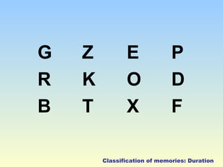 G Z E P 
R K O D 
B T X F 
Classification of memories: Duration 
 