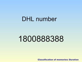 DHL number 
1800888388 
Classification of memories: Duration 
 