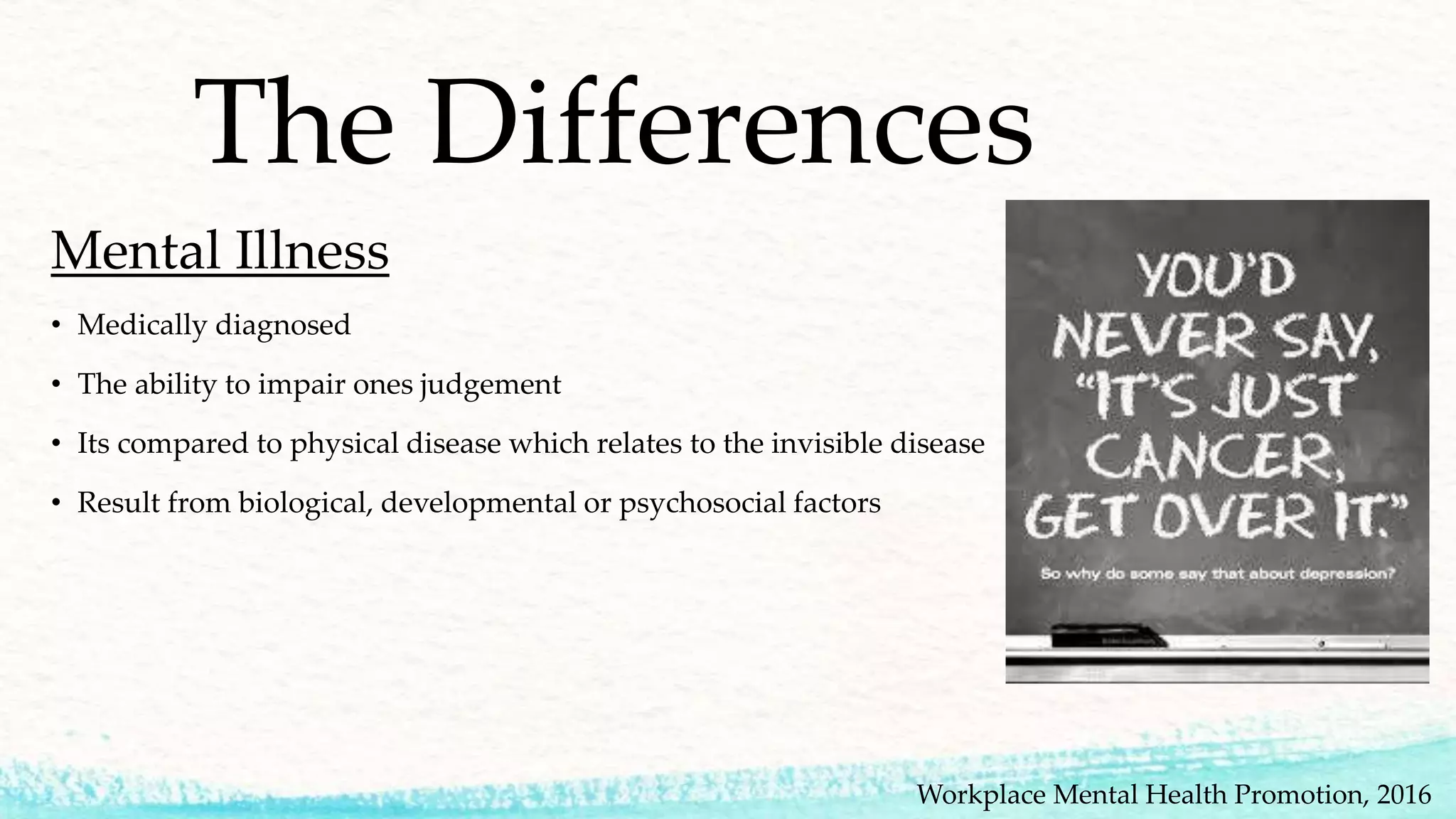 The Differences
Mental Illness
• Medically diagnosed
• The ability to impair ones judgement
• Its compared to physical disease which relates to the invisible disease
• Result from biological, developmental or psychosocial factors
Workplace Mental Health Promotion, 2016
 