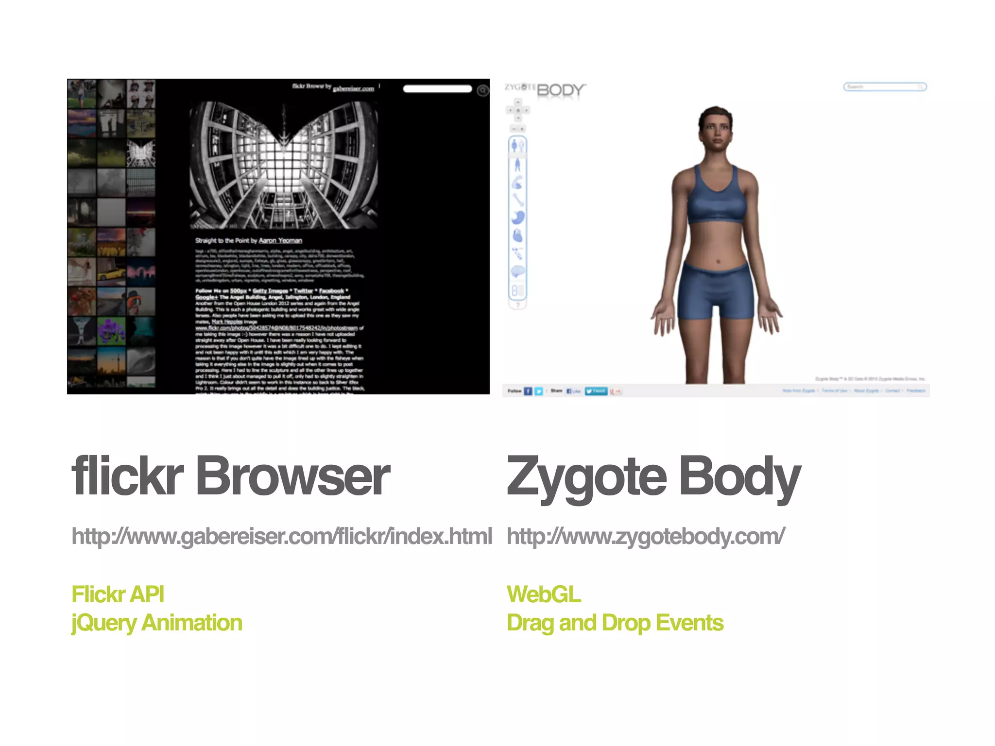 flickr Browser                            Zygote Body
http://www.gabereiser.com/flickr/index.html http://www.zygotebody.com/

Flickr API                                WebGL
jQuery Animation                          Drag and Drop Events
 