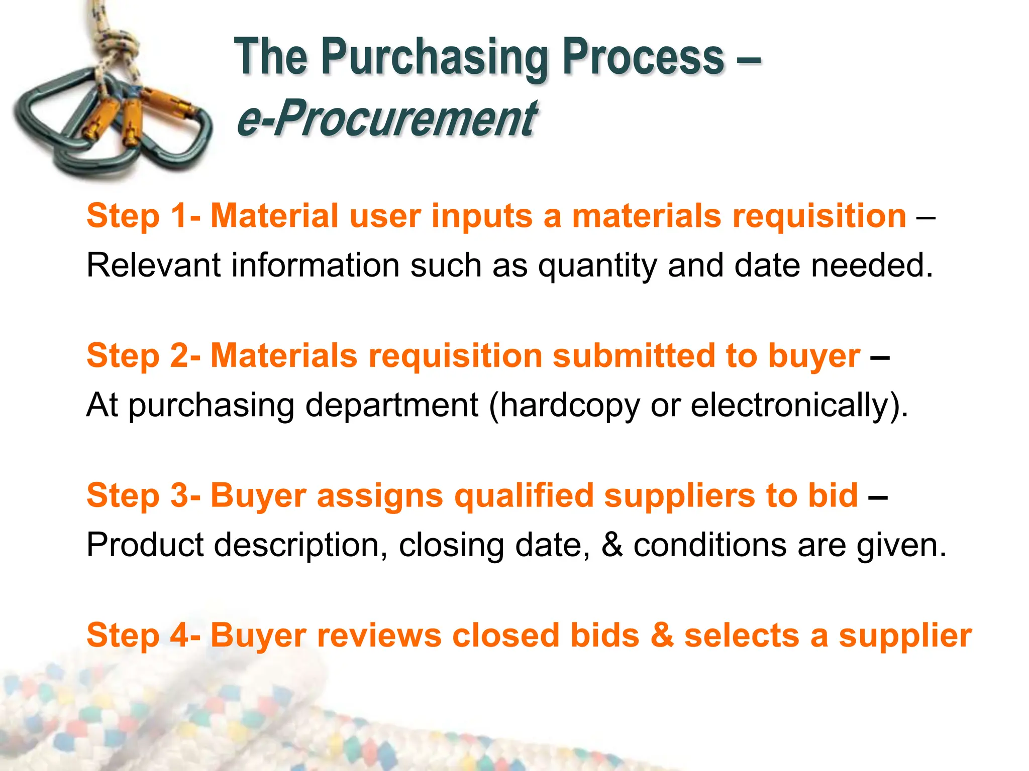 The Purchasing Process –
e-Procurement
Step 1- Material user inputs a materials requisition –
Relevant information such as quantity and date needed.
Step 2- Materials requisition submitted to buyer –
At purchasing department (hardcopy or electronically).
Step 3- Buyer assigns qualified suppliers to bid –
Product description, closing date, & conditions are given.
Step 4- Buyer reviews closed bids & selects a supplier
 