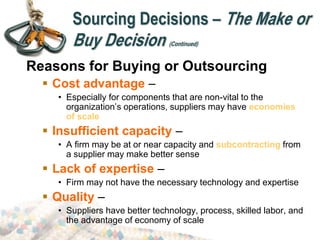 Reasons for Buying or Outsourcing
 Cost advantage –
• Especially for components that are non-vital to the
organization’s operations, suppliers may have economies
of scale
 Insufficient capacity –
• A firm may be at or near capacity and subcontracting from
a supplier may make better sense
 Lack of expertise –
• Firm may not have the necessary technology and expertise
 Quality –
• Suppliers have better technology, process, skilled labor, and
the advantage of economy of scale
Sourcing Decisions – The Make or
Buy Decision (Continued)
 