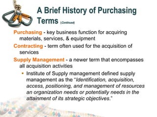 A Brief History of Purchasing
Terms (Continued)
Purchasing - key business function for acquiring
materials, services, & equipment
Contracting - term often used for the acquisition of
services
Supply Management - a newer term that encompasses
all acquisition activities
 Institute of Supply management defined supply
management as the “Identification, acquisition,
access, positioning, and management of resources
an organization needs or potentially needs in the
attainment of its strategic objectives.”
 
