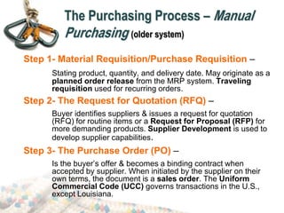 The Purchasing Process – Manual
Purchasing (older system)
Step 1- Material Requisition/Purchase Requisition –
Stating product, quantity, and delivery date. May originate as a
planned order release from the MRP system. Traveling
requisition used for recurring orders.
Step 2- The Request for Quotation (RFQ) –
Buyer identifies suppliers & issues a request for quotation
(RFQ) for routine items or a Request for Proposal (RFP) for
more demanding products. Supplier Development is used to
develop supplier capabilities.
Step 3- The Purchase Order (PO) –
Is the buyer’s offer & becomes a binding contract when
accepted by supplier. When initiated by the supplier on their
own terms, the document is a sales order. The Uniform
Commercial Code (UCC) governs transactions in the U.S.,
except Louisiana.
 