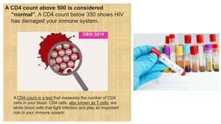A CD4 count above 500 is considered
“normal”. A CD4 count below 350 shows HIV
has damaged your immune system.
A CD4 count is a test that measures the number of CD4
cells in your blood. CD4 cells, also known as T cells, are
white blood cells that fight infection and play an important
role in your immune system
 