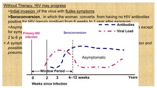 Without Therapy, HIV may progress
 >Initial invasion of the virus with flulike symptoms
 >Seroconversion, in which the woman converts from having no HIV antibodies
positive for HIV (serum positive) from 6 weeks to 1 year after exposure
 >Asymptomatic period during which the woman appears to be disease free except
for symptoms such as weigth loss and fatigue ( wasting syndrome)
2 to 6 years.
> A symptomatic period during which the woman develops opportunistic infection and
possible malignancies ( toxoplasmosis, oral and vaginal candidiasis, carinti
pneumonia (PCP), candida
 