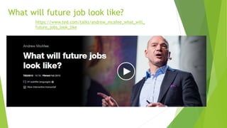 What will future job look like?
https://www.ted.com/talks/andrew_mcafee_what_will_
future_jobs_look_like
 