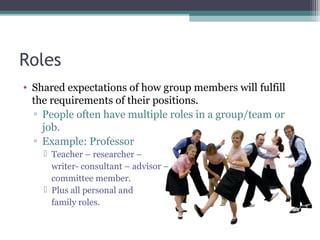 Roles
• Shared expectations of how group members will fulfill
the requirements of their positions.
▫ People often have mul...