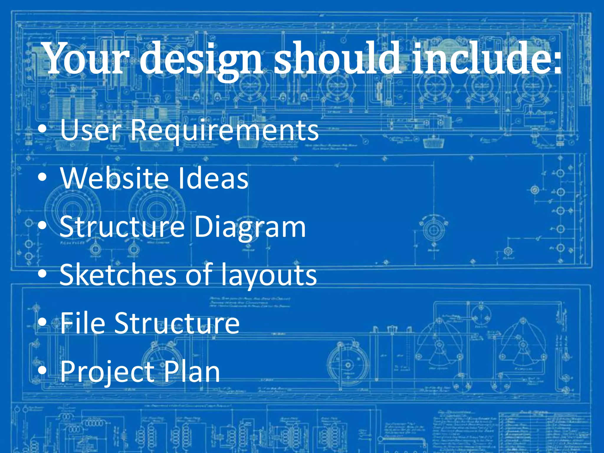 Your design should include:
•
•
•
•
•
•

User Requirements
Website Ideas
Structure Diagram
Sketches of layouts
File Structure
Project Plan

Image from: http://antiqueradios.com/forums/viewtopic.php?f=1&t=188309&start=20

 