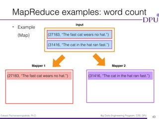 Eakasit Pacharawongsakda, Ph.D. Big Data Engineering Program, CITE, DPU
• Example 
(Map)
MapReduce examples: word count
43
(27183, “The fast cat wears no hat.”)
(31416, “The cat in the hat ran fast.”)
input
Mapper 1 Mapper 2
(27183, “The fast cat wears no hat.”) (31416, “The cat in the hat ran fast.”)
 