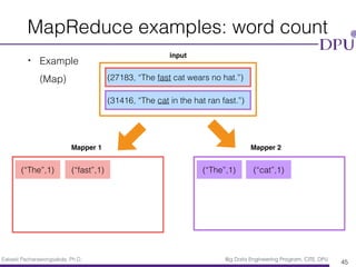 Eakasit Pacharawongsakda, Ph.D. Big Data Engineering Program, CITE, DPU
• Example 
(Map)
MapReduce examples: word count
45
(27183, “The fast cat wears no hat.”)
(31416, “The cat in the hat ran fast.”)
(“The”,1) (“The”,1)(“fast”,1) (“cat”,1)
input
Mapper 1 Mapper 2
 