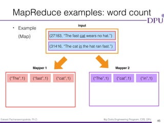 Eakasit Pacharawongsakda, Ph.D. Big Data Engineering Program, CITE, DPU
• Example 
(Map)
MapReduce examples: word count
46
(27183, “The fast cat wears no hat.”)
(31416, “The cat in the hat ran fast.”)
(“The”,1) (“The”,1)(“fast”,1) (“cat”,1)(“cat”,1) (“in”,1)
input
Mapper 1 Mapper 2
 