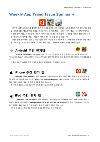 Weekly Report 2014. 03.31. ~ 04.06(no.119)
Calcutta Communication ©2009-2014 www.CalcuttaRank.com <page | 3>
Weekly App Trend Issue Summary
한주간 가장 두드러지게 활약한 앱은 마이크로소프트사의 대표적인 소프트웨어인 “MS Office”의 모바
일 시리즈 앱이 앱스토어에 정상을 한국과 미국 등 대부분의 나라에서 차지 했습니다. 특히 아이패드
버전의 경우, 엑셀, 파워포인트, 워드가 이례적으로 한 회사의 제품이 1-2-3위를 나란히 했습니다. 그만
큼 아이패드로 업무를 보는 사람들의 니즈가 컸다는 것을 알 수 있습니다.
또한 올해 한국에서 가장 긴 시간 동안 무려 10주간 게임 1위에서 요지부동하던 선데이토즈의 “애니
팡2 kakao”는 “테일즈런너 러시앤대시 for Kakao”(개발사: AfreecaTV)에게 왕좌를 빼앗겼습니다.
Android 주간 인기앱
“카카오톡 KakaoTalk (개발사: Kakao Corp.)”이 다시 안드로이드 무료 앱 부문의 1위 자리를 탈환했으며,
“Minecraft - Pocket Edition (개발사: Mojang, 6,420)” 또한 안드로이드 유료 앱 부문의 1위 자리를 다시 되찾았습니
다.
한 주간 유료앱 top10의 평균 판매가격 동향은 3,006(지난주 4,081) 입니다.
iPhone 주간 인기 앱
“Microsoft Office Mobile (개발사: Microsoft Corporation)”가 무려 255단계를 뛰어 넘어 아이폰 무료
앱 부문 1위 자리를 차지했으며, “바코드 킹덤 (Barcode Kingdom) (개발사: Magic Cube, $0.99)”도 34단계를
뛰어 올라 아이폰 유료 앱 부문의 1위를 차지했습니다.
한 주간 유료앱 top10의 평균 판매가격 동향은 $2.19(지난주 $1.09)입니다.
iPad 주간 인기 앱
“Microsoft Excel for iPad (개발사: Microsoft Corporation)”가 249계단을 뛰어 올라 아이폰 무료 앱
부문의 1위에 올랐습니다. “AVPlayerHD (무인코딩 속도조절 자막지원 플레이어) (개발사: EPLAYWORKS, $0.99)”
는 2계단을 올라 다시 한번 아이패드 유료 앱 부문의 1위가 됐습니다.
한주간 유료앱 top10의 평균 판매가격 동향은 $7.39(지난주 $7.39)입니다.
 