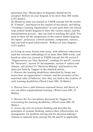 generated ones. Photocopies of diagrams should not be
accepted. Reflect on your diagram in no more than 200 words.
(15% marks).
(b) Based on what you learned in T205B concept file 04 section
II “Control”, and based on the content of the article, and taking
“Creating a learning organization” as your goal draw one closed
loop control model diagram to show the various inputs, and the
transformation process, that can lead to reaching this goal. You
need to show all the components of the control model diagram,
the inputs’, processes, control (actuator, comparator, sensor),
that can lead to goal achievement . Reflect on your diagram
(15% marks)
(c) Using an essay format (one essay, with different subsections
each has relevant subheading) of no more than 2000 words, and
based on what you learned in T205B concept file 04 section I
“Organizations are They Rational”, readings 01 and 07, section
III “Structure”, section IV development, section V culture and
climate, and section VI “Decision Making” and based on the
ideas put forth by Taggart in the attached article:
1- Discuss the learning disabilities identified by Senge and
assess how an organization’s climate, and the existence of the
unwritten rules of behavior, how they can lead to the creation of
such learning disabilities.(Word Count 500; 20 Marks)
2- Discuss how a split between espoused theory and theory in
use can affect organizational learning. (Word count 400; 15
Marks)
3- Discuss the five disciplines discussed by Taggart for
overcoming the learning disabilities, (Word count 400; 20
Marks)
4- Assess the role of systems thinking and describe the
principles of systems thinking, analyse their effectiveness for
management, for problem solving and for decision making I
relation to material form concept file 04 and 05 as applicable.
 