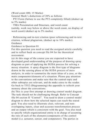 (Word count 400; 15 Marks)
General Mark’s deductions of 20% as follows
· PT3 Form (failure to use the PT3 completely filled) (deduct up
to 5% marks)
· TMA Presentation and Structure, and word count
(untidy, work way below or above the word count, no display of
word count) (deduct up to 5% marks)
· Referencing and in-text citation (poor referencing and in-text
citation, without plagiarism, (deduct up to 10% marks).
Guidance
Guidance to Question 01
For this question you need to read the assigned article carefully
and to reflect back on concept file 04 for the theoretical
assessment.
(a) At this stage of the course you are expected to have
developed good understanding of the purpose of drawing spray
diagrams as part of applying the SUDA process for solving a
messy situation. A spray diagram is the first type of diagrams
drawn in the sensing phase of the SUDA process of mess
analysis, in order to summarize the main ideas of a case, or the
main components/elements of a situation. Please pay attention
to the conventions and make sure that the central topic and
other subtopics are relevant, and do make sense to the reader.
Go back to T552 (Diagramming) the appendix to refresh your
memory about the conventions.
(b) This is your first attempt at drawing control model diagram.
The task should not be challenging though. Refer to Concept
file 04 section II “Control”. You need to draw a control model
diagram to show how the selected inputs can reach the stated
goal. You also need to illustrate clear, relevant, and non-
overlapping inputs, clear and accurate transformation process
and an output which is consistent with the goal. You also need
to specify which organizational entity is in charge of assuming
the role of each of the elements/components of the control
model (i.e. actuator, sensor, and comparator). The parties in
 
