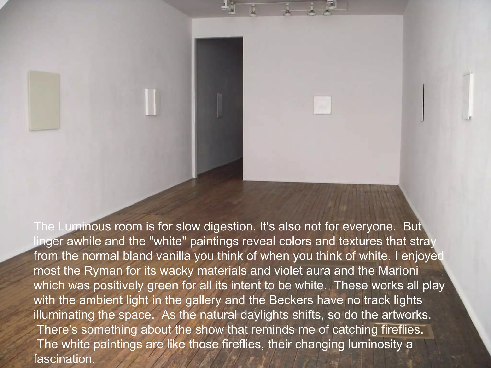 The Luminous room is for slow digestion. It's also not for everyone.  But linger awhile and the "white" paintings reveal colors and textures that stray from the normal bland vanilla you think of when you think of white. I enjoyed most the Ryman for its wacky materials and violet aura and the Marioni which was positively green for all its intent to be white.  These works all play with the ambient light in the gallery and the Beckers have no track lights illuminating the space.  As the natural daylights shifts, so do the artworks.  There's something about the show that reminds me of catching fireflies.  The white paintings are like those fireflies, their changing luminosity a fascination.  