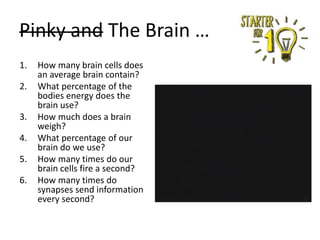 Pinky and The Brain …
1.
2.
3.
4.
5.

6.

How many brain cells does
an average brain contain?
What percentage of the
bodies energy does the
brain use?
How much does a brain
weigh?
What percentage of our
brain do we use?
How many times do our
brain cells fire a second?
How many times do
synapses send information
every second?

 