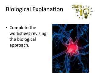 Biological Explanation
• Complete the
worksheet revising
the biological
approach.

 