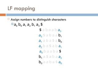 LF mapping
 Assign numbers to distinguish characters
a0 b0 a1 a2 b1 a3 $
$ a b a a b a3
a3 $ a b a a b1
a1 a b a $ a b0
a2 b a $ a b a1
a0 b a a b a $
b1 a $ a b a a2
b0 a a b a $ a0
 