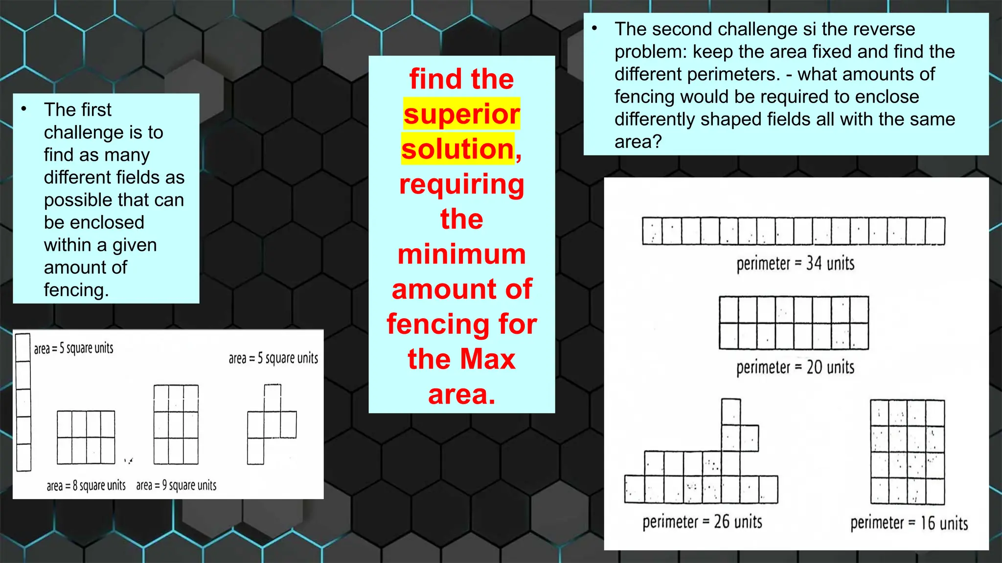 find the
superior
solution,
requiring
the
minimum
amount of
fencing for
the Max
area.
• The first
challenge is to
find as many
different fields as
possible that can
be enclosed
within a given
amount of
fencing.
• The second challenge si the reverse
problem: keep the area fixed and find the
different perimeters. - what amounts of
fencing would be required to enclose
differently shaped fields all with the same
area?
 
