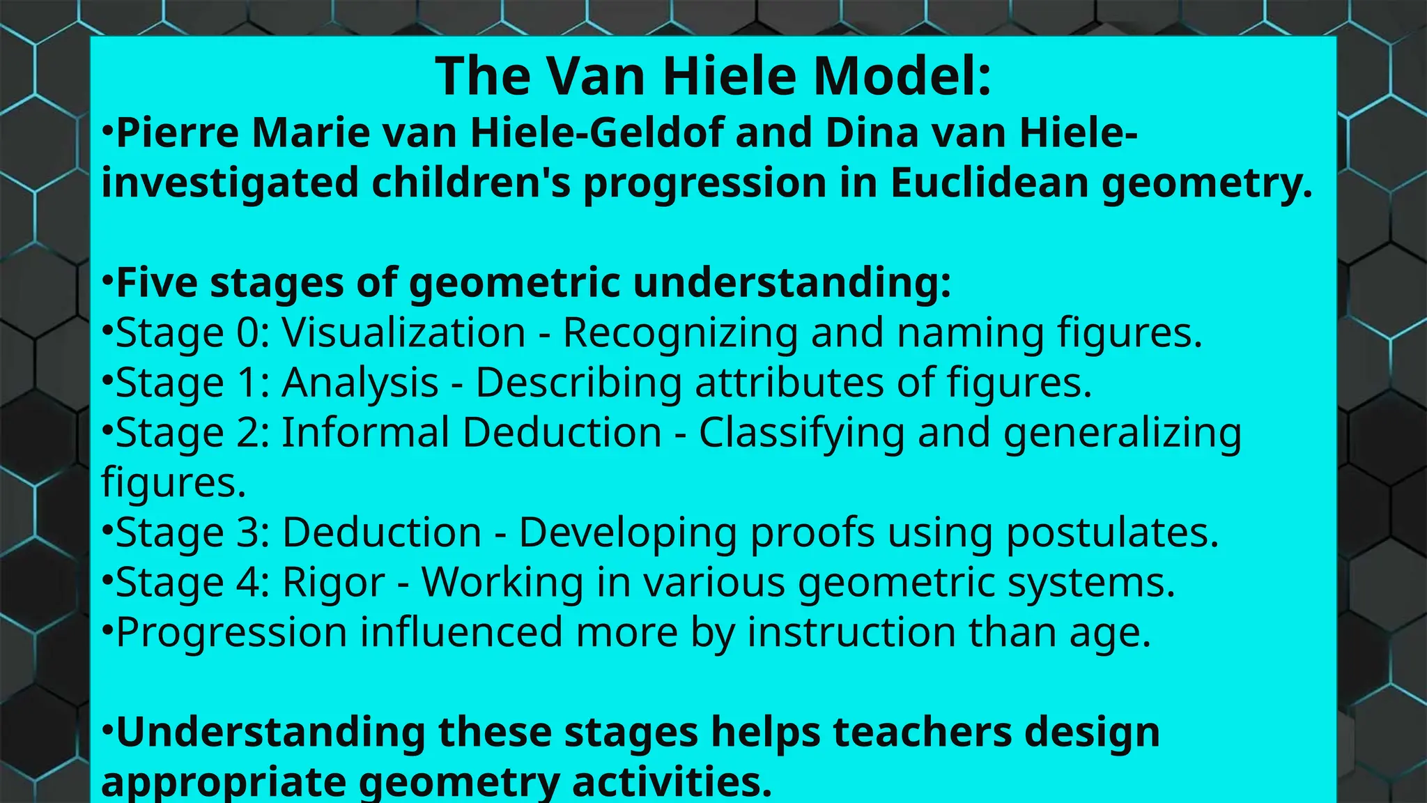 The Van Hiele Model:
•Pierre Marie van Hiele-Geldof and Dina van Hiele-
investigated children's progression in Euclidean geometry.
•Five stages of geometric understanding:
•Stage 0: Visualization - Recognizing and naming figures.
•Stage 1: Analysis - Describing attributes of figures.
•Stage 2: Informal Deduction - Classifying and generalizing
figures.
•Stage 3: Deduction - Developing proofs using postulates.
•Stage 4: Rigor - Working in various geometric systems.
•Progression influenced more by instruction than age.
•Understanding these stages helps teachers design
appropriate geometry activities.
 