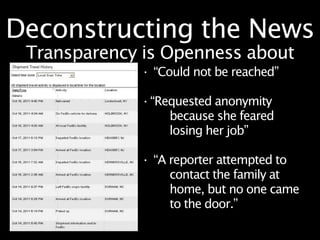 Deconstructing the News
 Transparency is Openness about
              · “Could not be reached”

              · “Requested anonymity
                   because she feared
                   losing her job”

              · “A reporter attempted to
                   contact the family at
                   home, but no one came
                   to the door.”
 