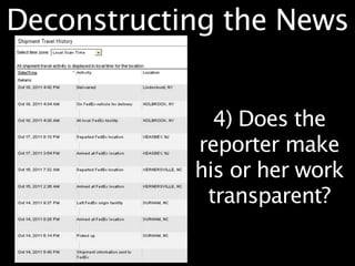 Deconstructing the News


              4) Does the
            reporter make
            his or her work
             transparent?
 