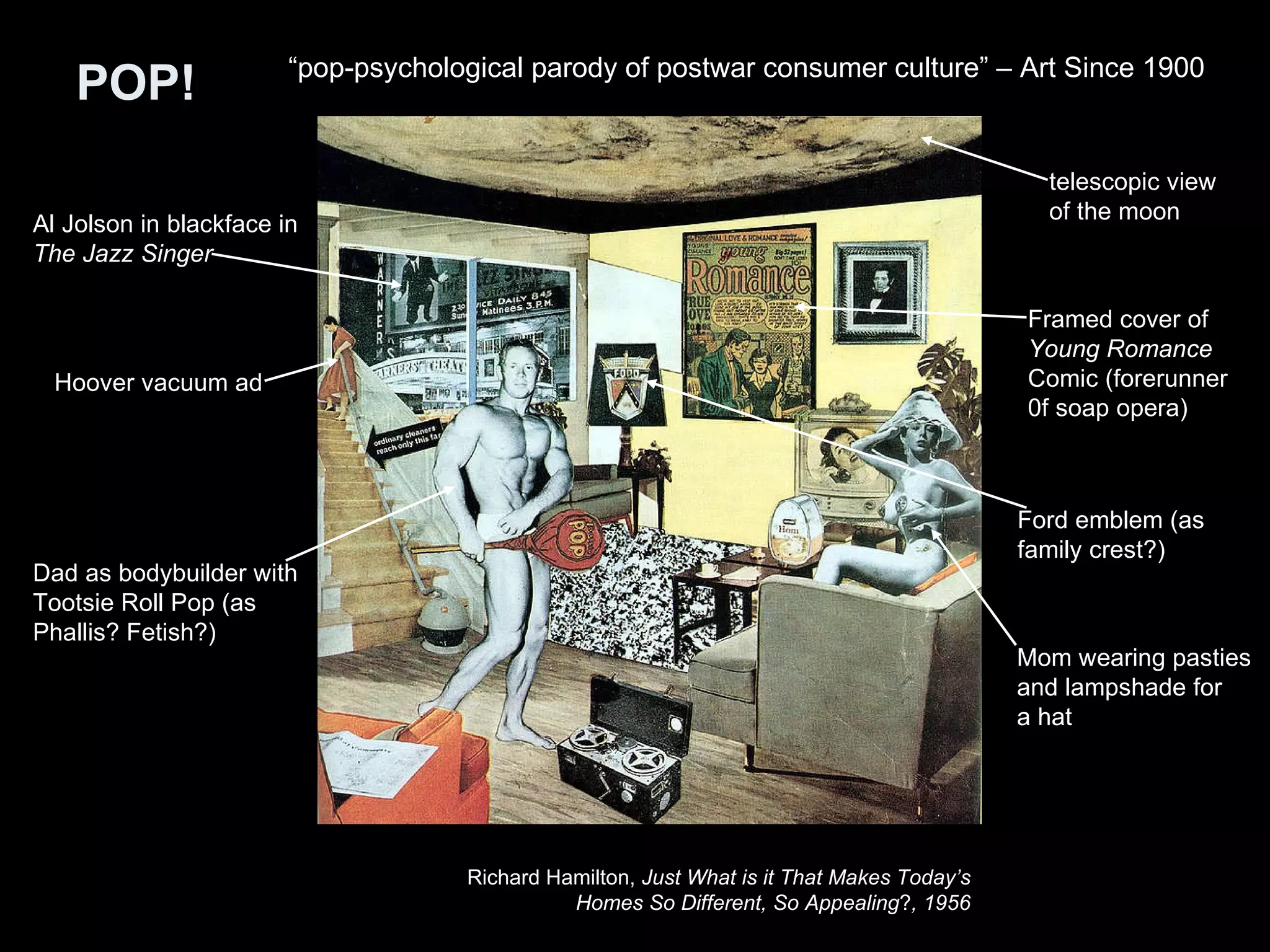 POP! “ pop-psychological parody of postwar consumer culture” – Art Since 1900 Richard Hamilton,  Just What is it That Makes Today’s  Homes So Different, So Appealing ? , 1956   Dad as bodybuilder with  Tootsie Roll Pop (as  Phallis? Fetish?) Al Jolson in blackface in  The Jazz Singer   Mom wearing pasties  and lampshade for  a hat Framed cover of  Young Romance  Comic (forerunner  0f soap opera) Ford emblem (as  family crest?) Hoover vacuum ad telescopic view  of the moon  