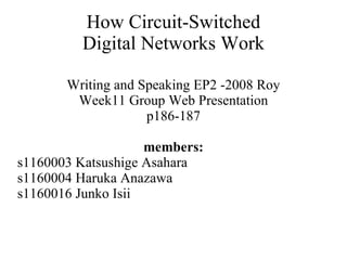 How Circuit-Switched Digital Networks Work Writing and Speaking EP2 -2008 Roy Week11 Group Web Presentation p186-187 members: s1160003 Katsushige Asahara s1160004 Haruka Anazawa s1160016 Junko Isii 