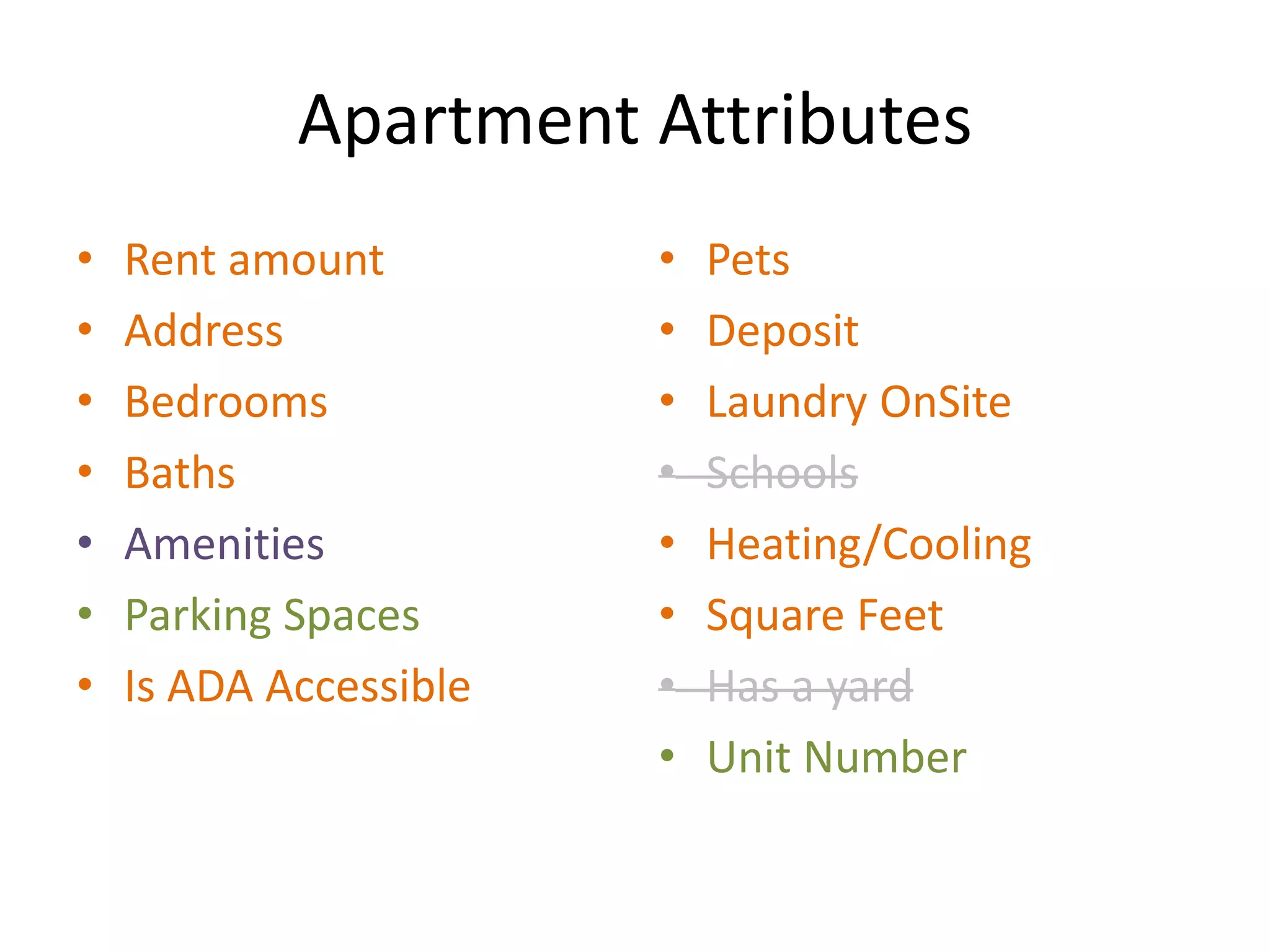 Apartment Attributes
• Rent amount
• Address
• Bedrooms
• Baths
• Amenities
• Parking Spaces
• Is ADA Accessible
• Pets
• Deposit
• Laundry OnSite
• Schools
• Heating/Cooling
• Square Feet
• Has a yard
• Unit Number
 