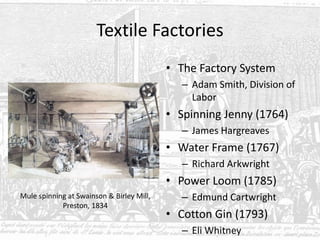 Textile Factories
• The Factory System
– Adam Smith, Division of
Labor
• Spinning Jenny (1764)
– James Hargreaves
• Water Frame (1767)
– Richard Arkwright
• Power Loom (1785)
– Edmund Cartwright
• Cotton Gin (1793)
– Eli Whitney
Mule spinning at Swainson & Birley Mill,
Preston, 1834
 