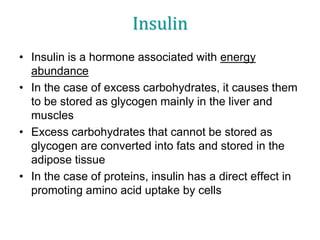 Insulin
• Insulin is a hormone associated with energy
abundance
• In the case of excess carbohydrates, it causes them
to be stored as glycogen mainly in the liver and
muscles
• Excess carbohydrates that cannot be stored as
glycogen are converted into fats and stored in the
adipose tissue
• In the case of proteins, insulin has a direct effect in
promoting amino acid uptake by cells
 