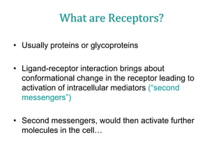 What are Receptors?
• Usually proteins or glycoproteins
• Ligand-receptor interaction brings about
conformational change in the receptor leading to
activation of intracellular mediators (“second
messengers”)
• Second messengers, would then activate further
molecules in the cell…
 